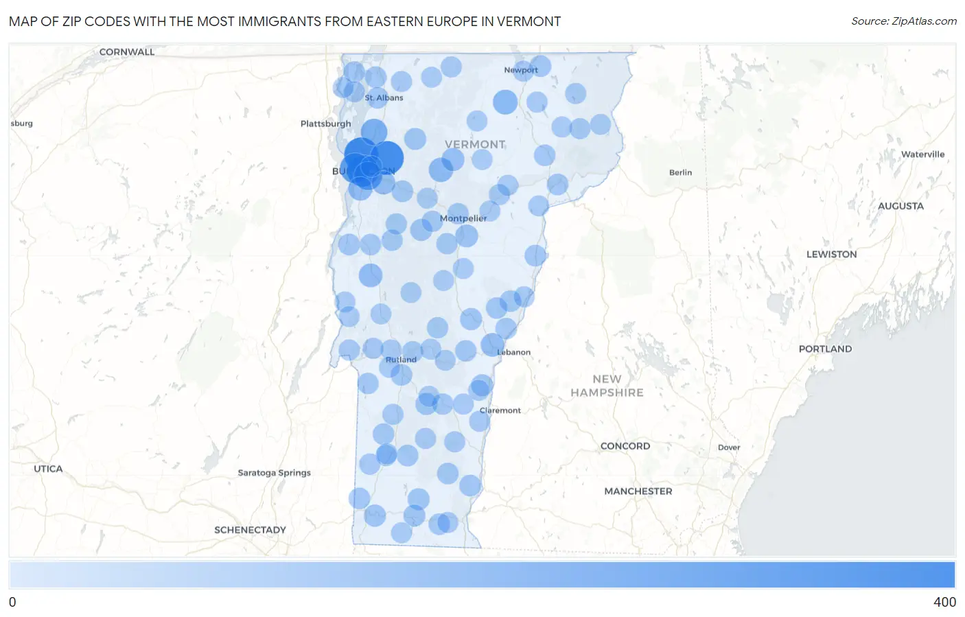 Zip Codes with the Most Immigrants from Eastern Europe in Vermont Map