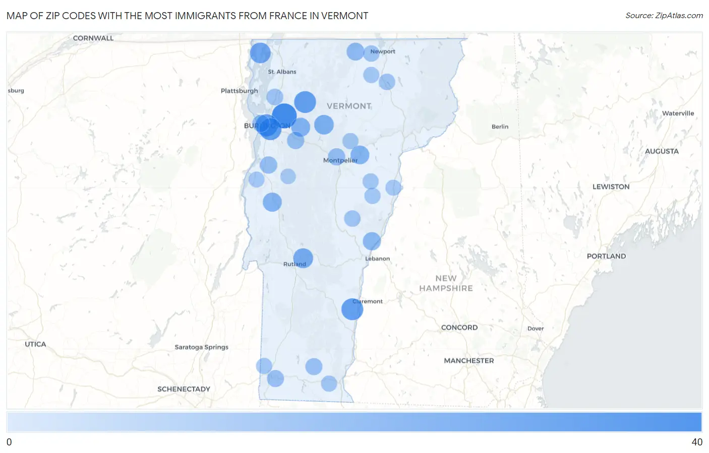 Zip Codes with the Most Immigrants from France in Vermont Map