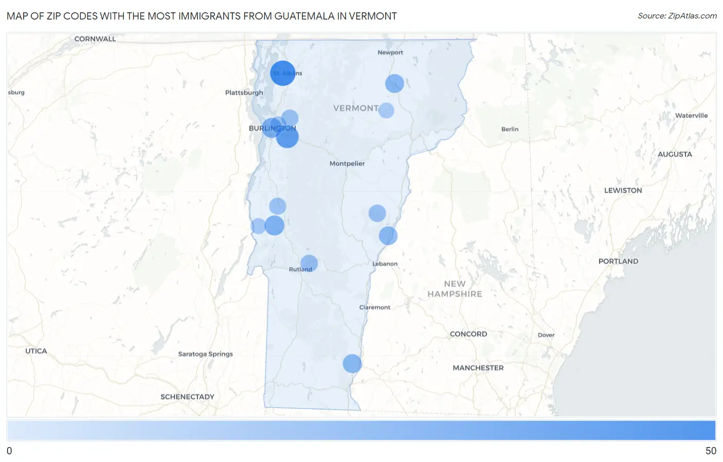 Zip Codes with the Most Immigrants from Guatemala in Vermont Map