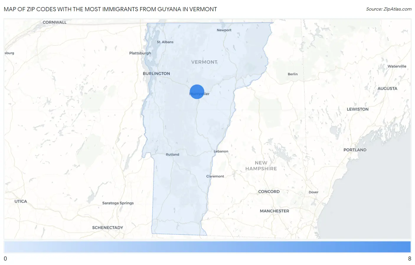 Zip Codes with the Most Immigrants from Guyana in Vermont Map