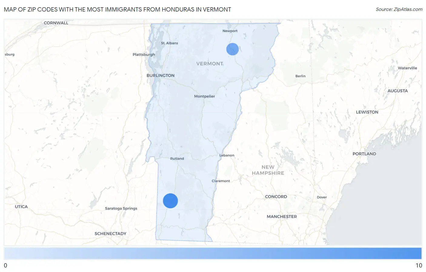 Zip Codes with the Most Immigrants from Honduras in Vermont Map