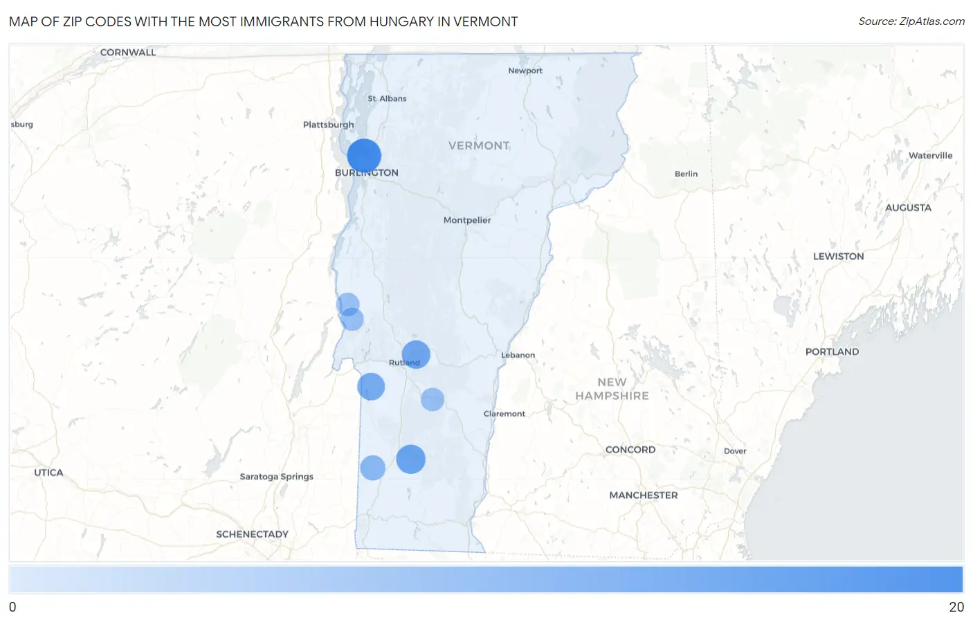 Zip Codes with the Most Immigrants from Hungary in Vermont Map