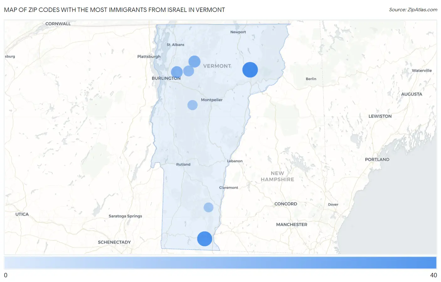 Zip Codes with the Most Immigrants from Israel in Vermont Map