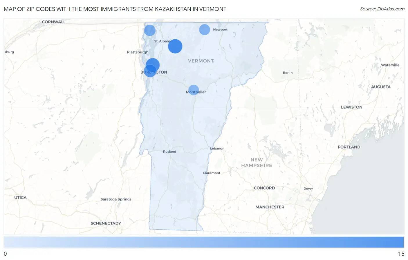 Zip Codes with the Most Immigrants from Kazakhstan in Vermont Map