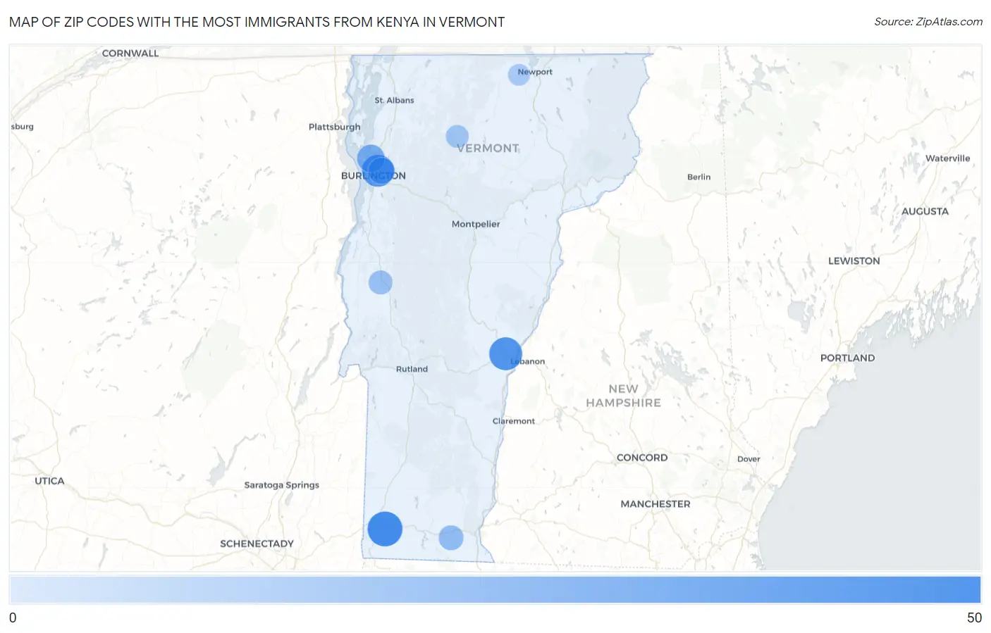 Zip Codes with the Most Immigrants from Kenya in Vermont Map