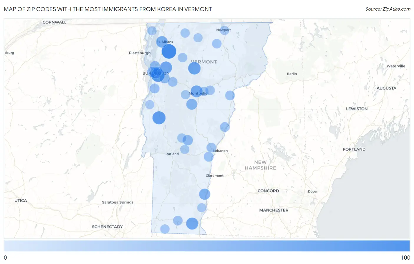 Zip Codes with the Most Immigrants from Korea in Vermont Map