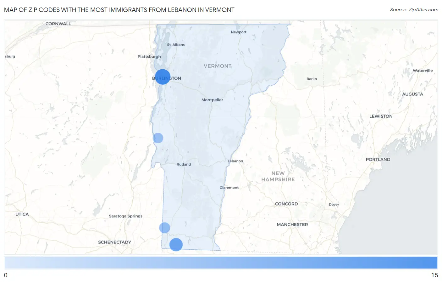 Zip Codes with the Most Immigrants from Lebanon in Vermont Map