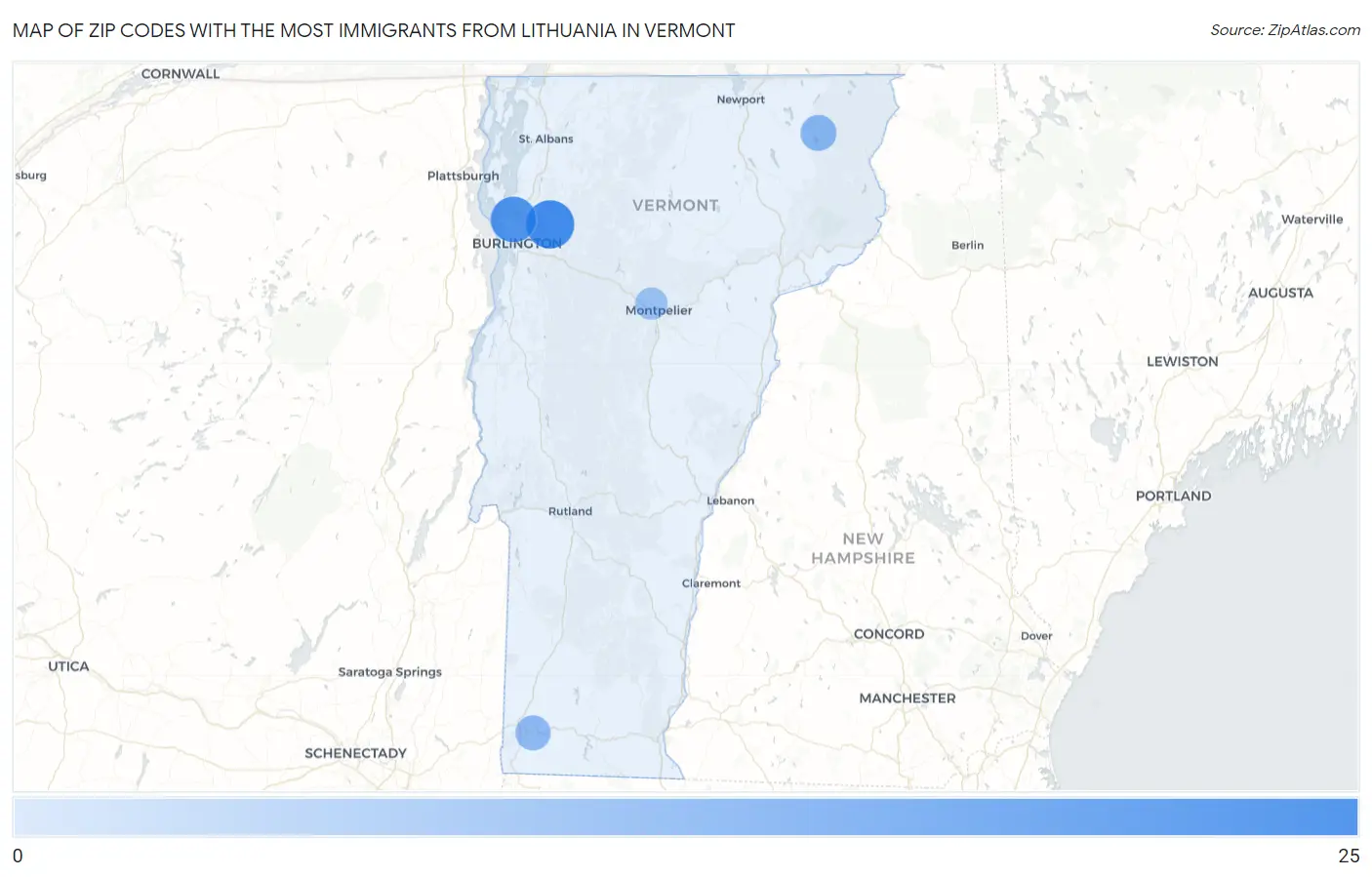 Zip Codes with the Most Immigrants from Lithuania in Vermont Map