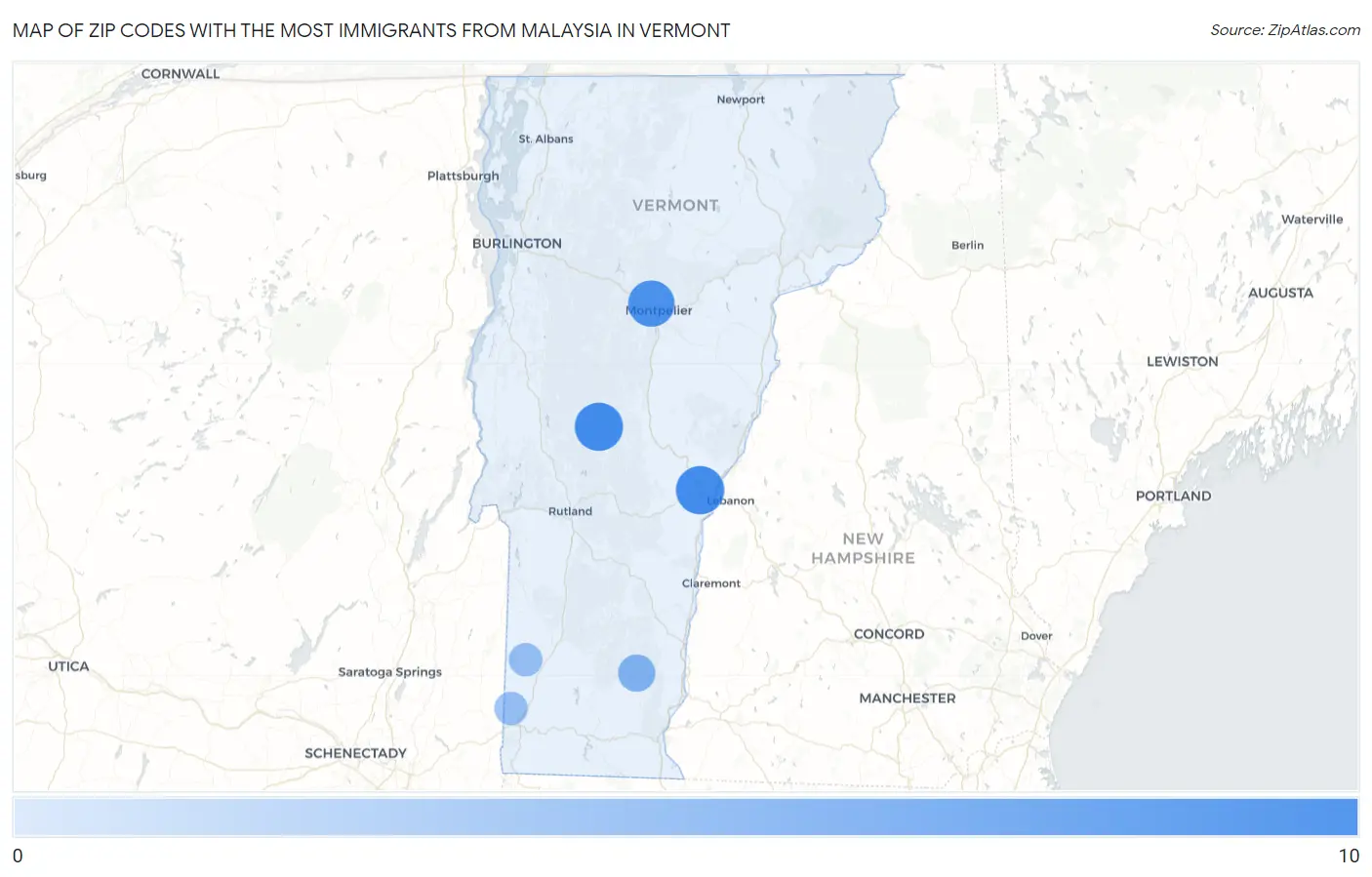 Zip Codes with the Most Immigrants from Malaysia in Vermont Map