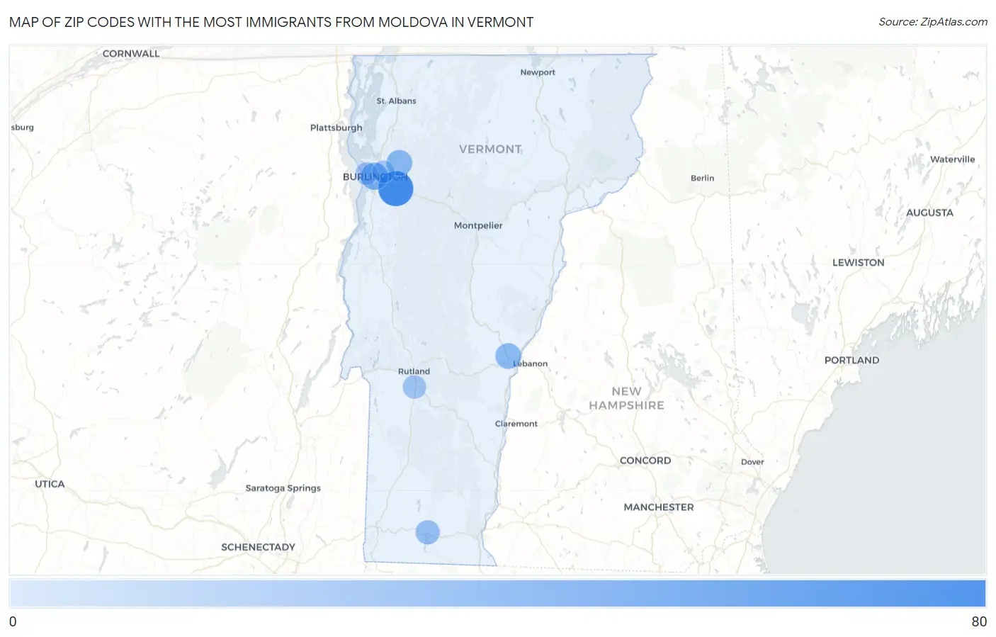 Zip Codes with the Most Immigrants from Moldova in Vermont Map