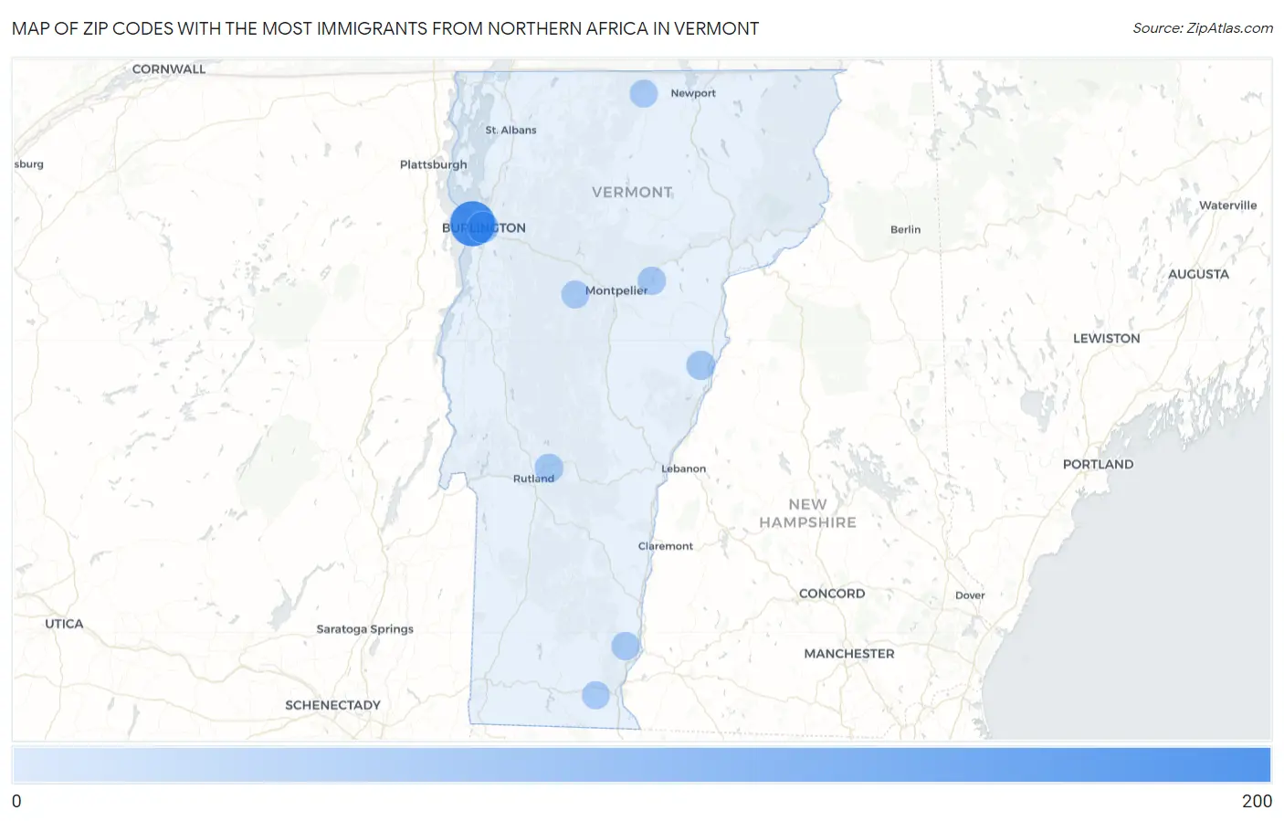 Zip Codes with the Most Immigrants from Northern Africa in Vermont Map