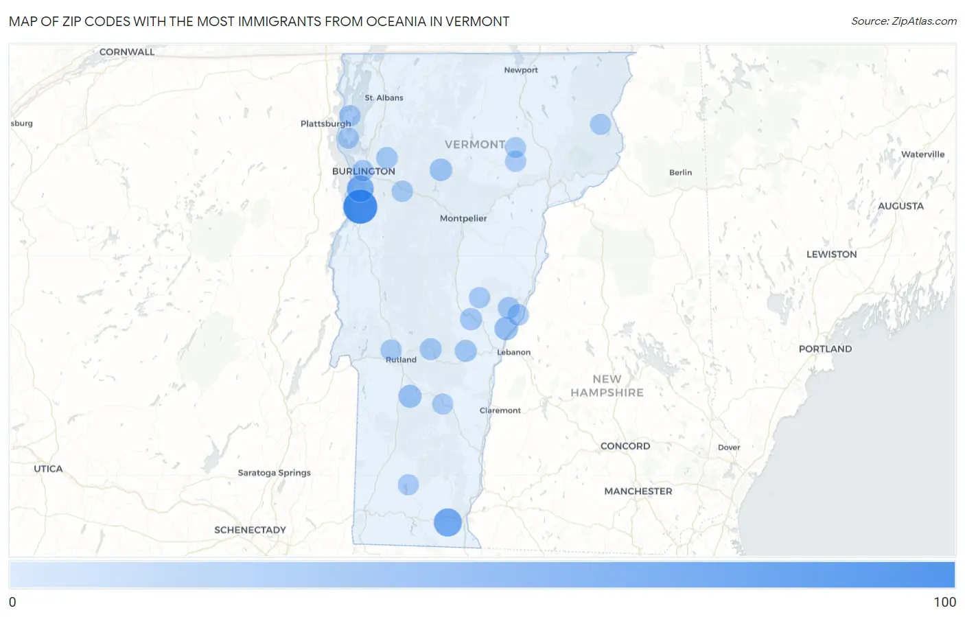 Zip Codes with the Most Immigrants from Oceania in Vermont Map