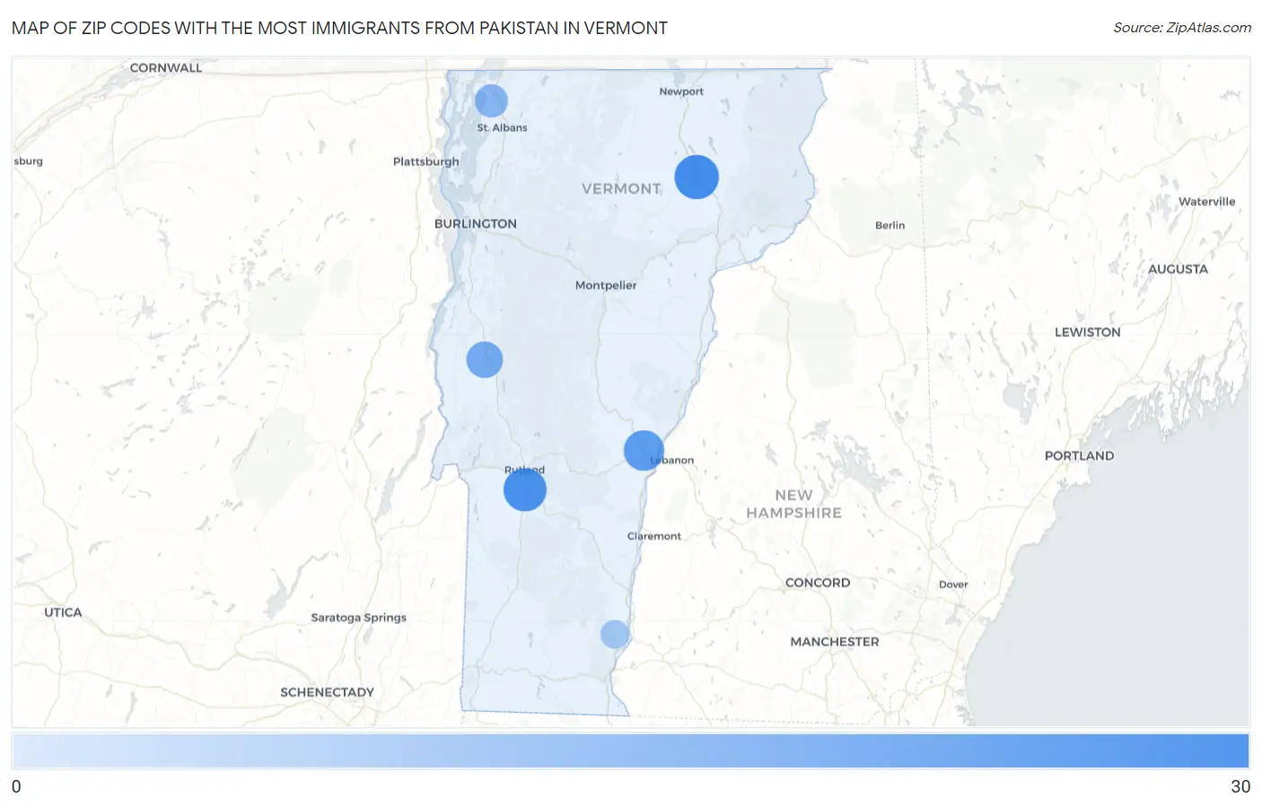 Zip Codes with the Most Immigrants from Pakistan in Vermont Map