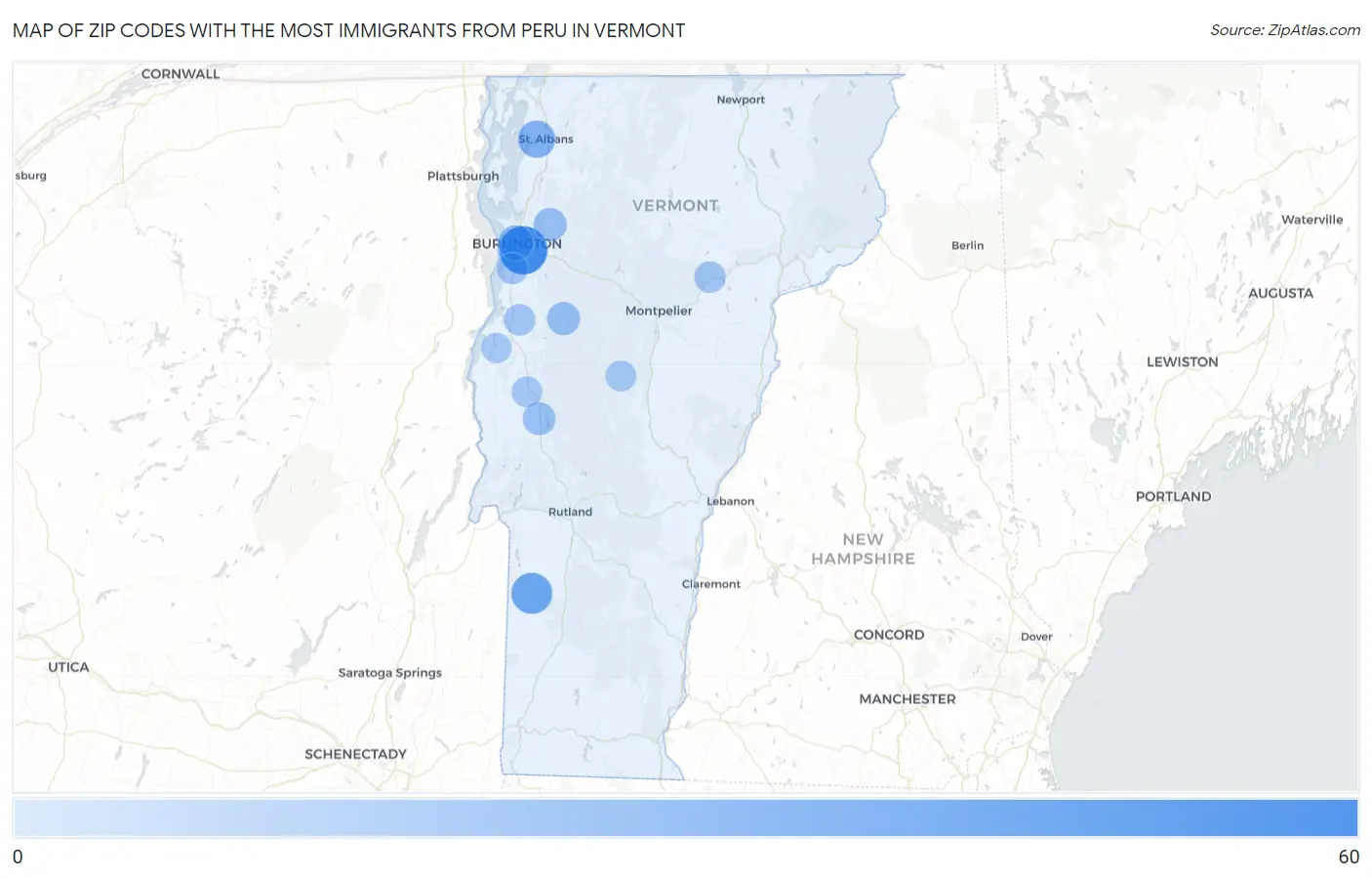 Zip Codes with the Most Immigrants from Peru in Vermont Map