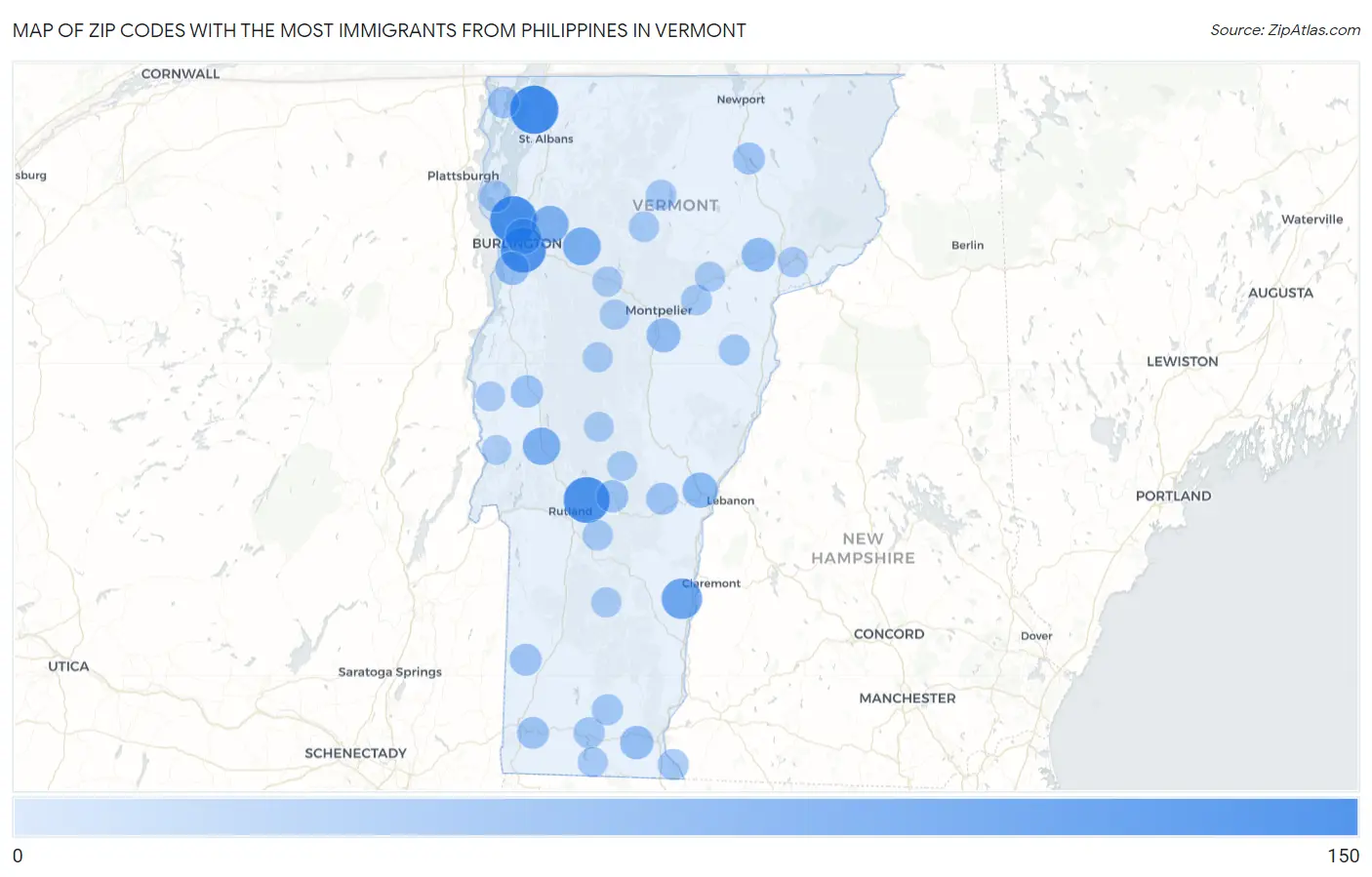 Zip Codes with the Most Immigrants from Philippines in Vermont Map