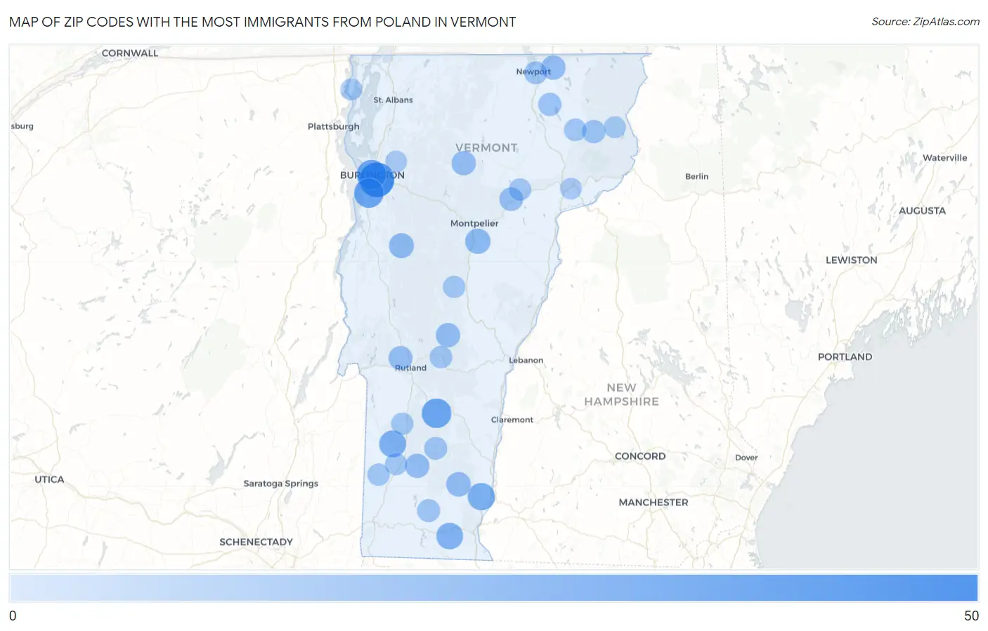 Zip Codes with the Most Immigrants from Poland in Vermont Map