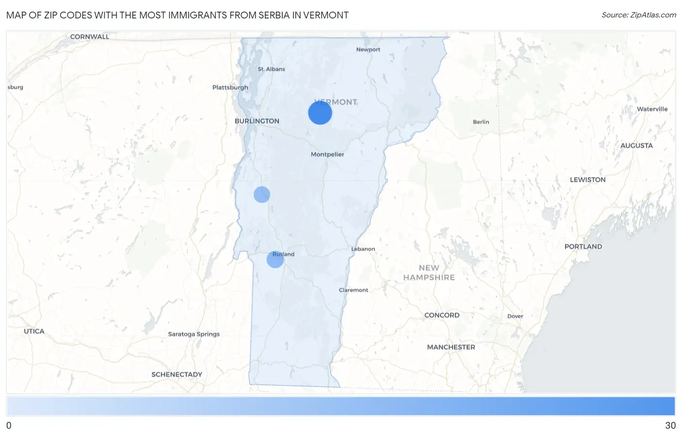 Zip Codes with the Most Immigrants from Serbia in Vermont Map