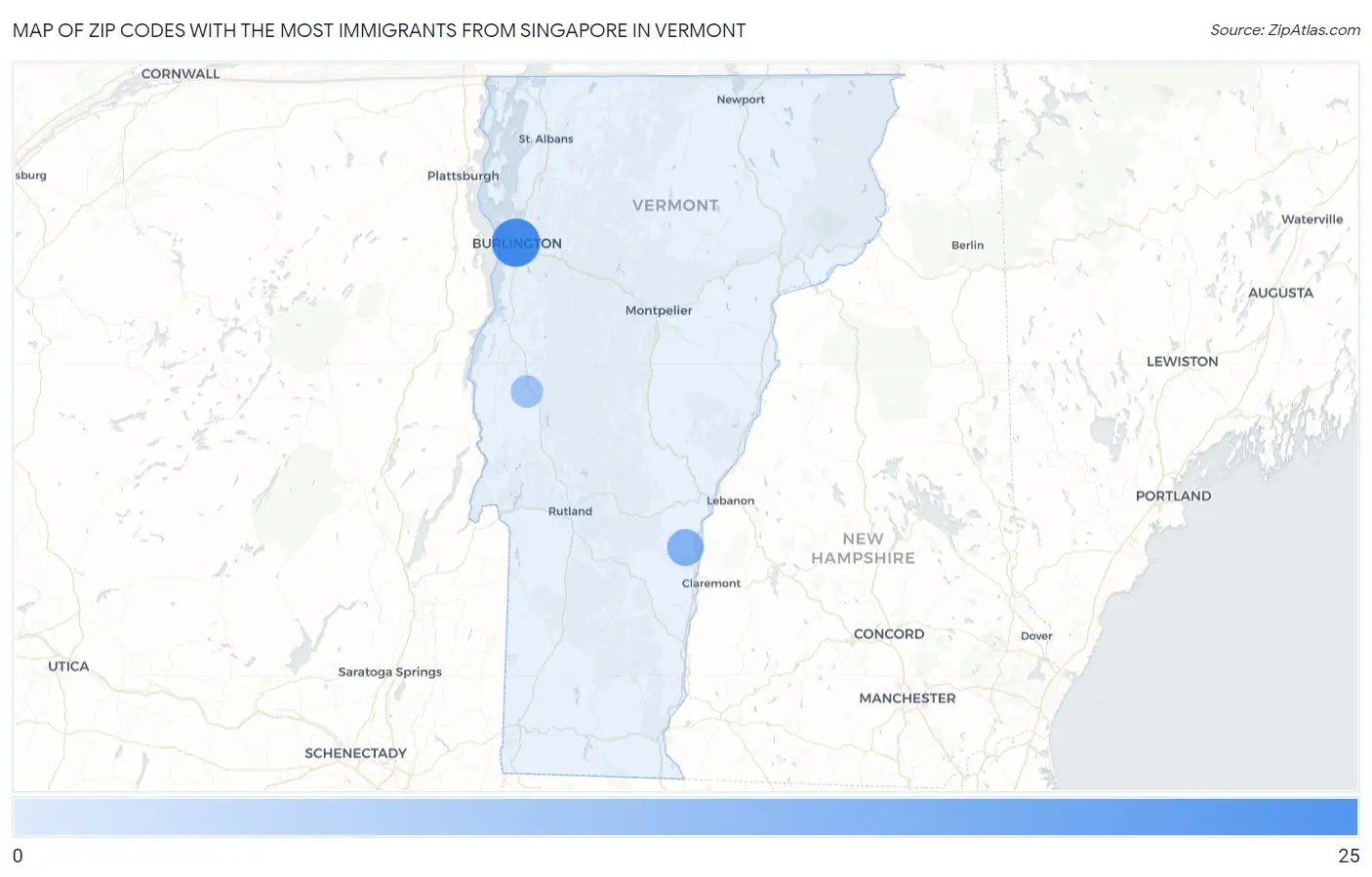 Zip Codes with the Most Immigrants from Singapore in Vermont Map