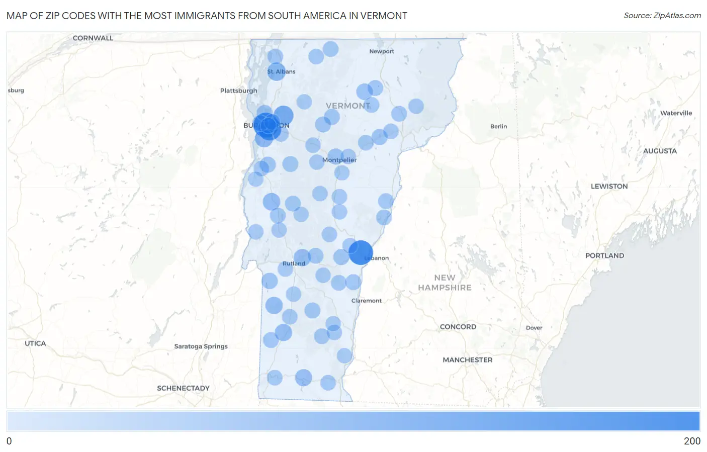 Zip Codes with the Most Immigrants from South America in Vermont Map