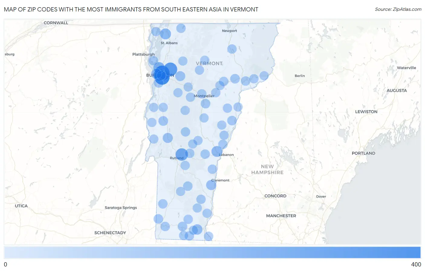 Zip Codes with the Most Immigrants from South Eastern Asia in Vermont Map