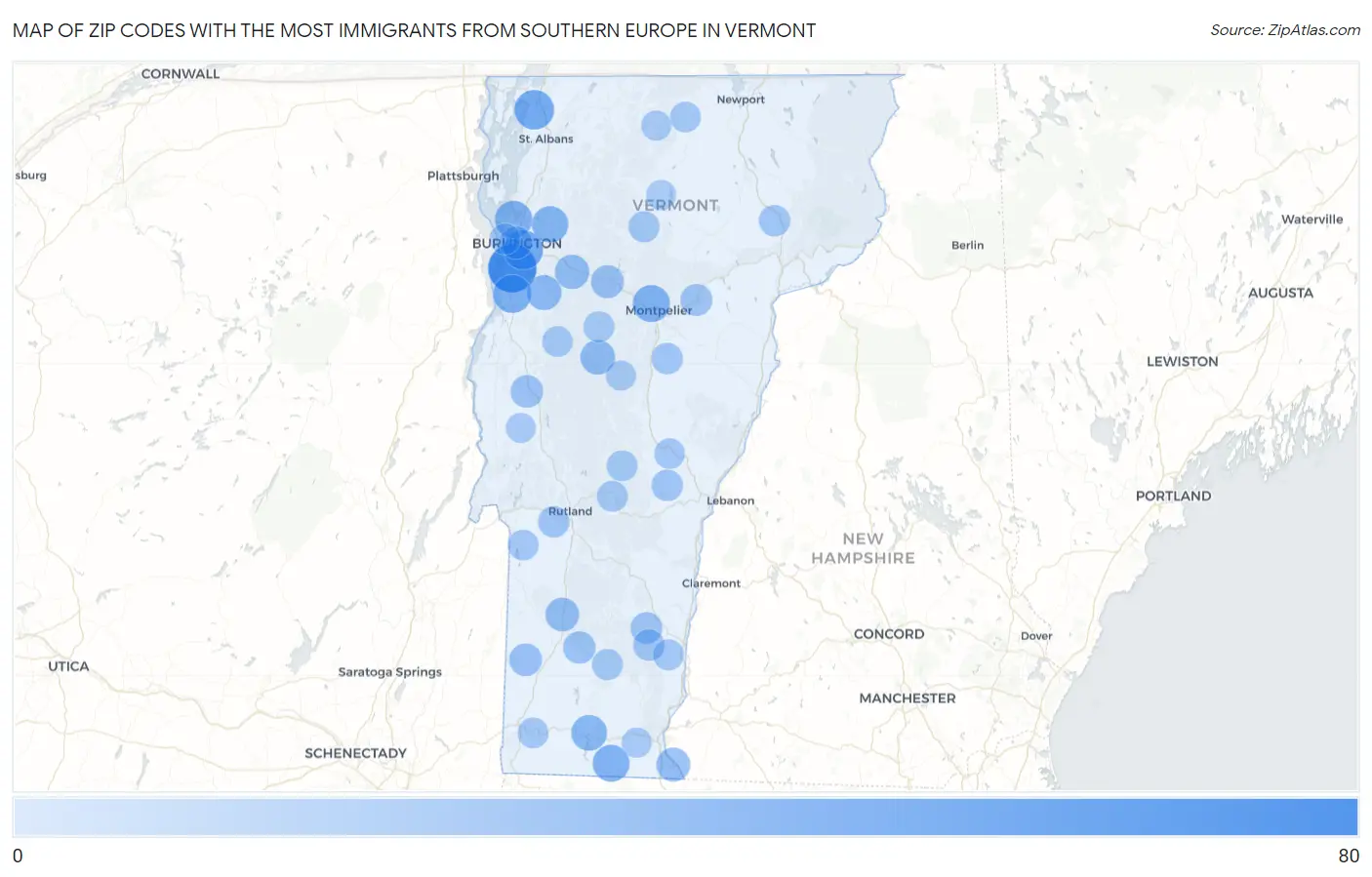 Zip Codes with the Most Immigrants from Southern Europe in Vermont Map