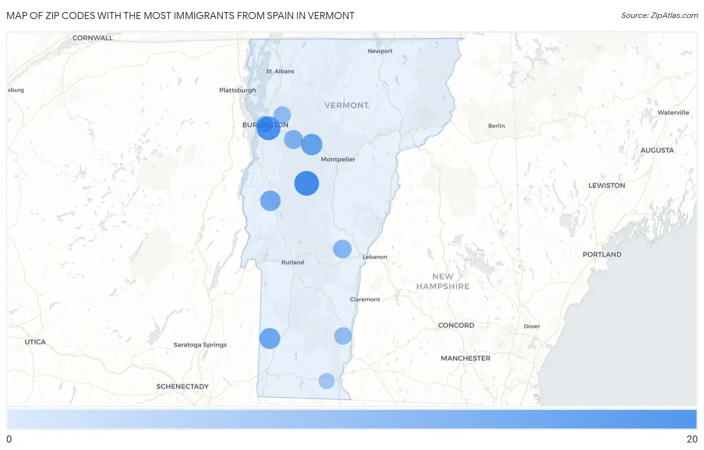 Zip Codes with the Most Immigrants from Spain in Vermont Map