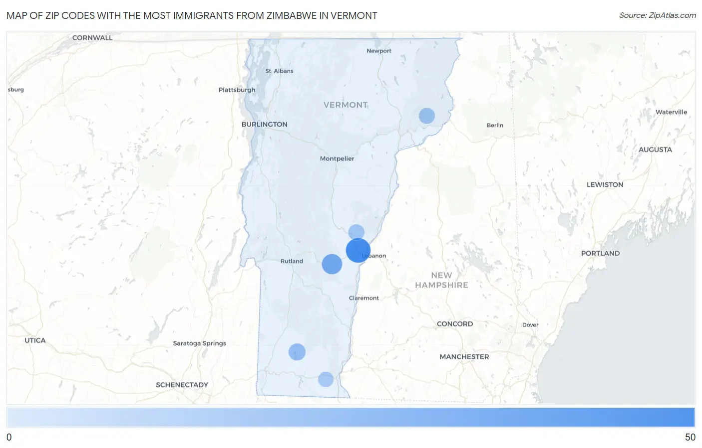 Zip Codes with the Most Immigrants from Zimbabwe in Vermont Map