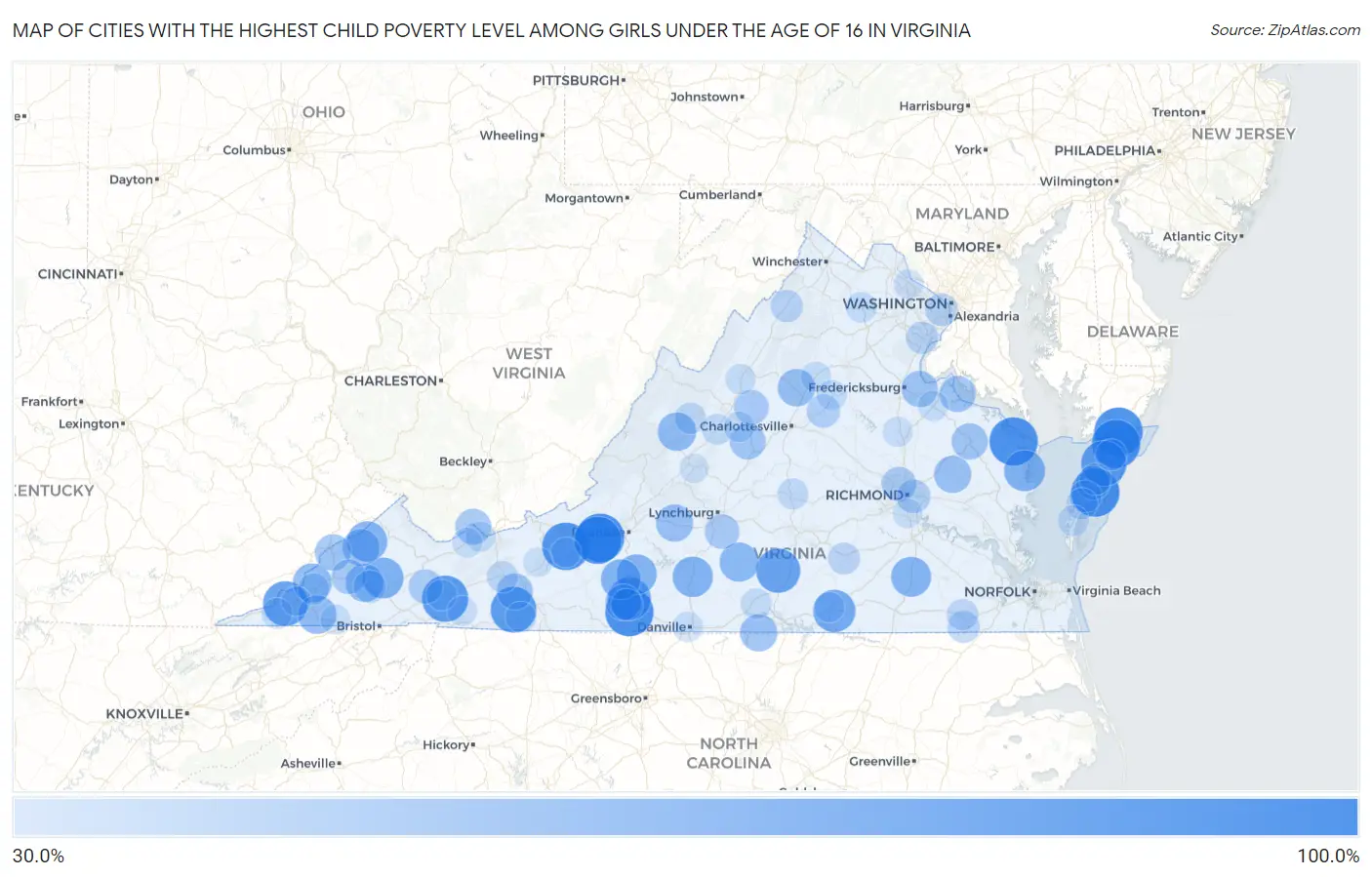 Cities with the Highest Child Poverty Level Among Girls Under the Age of 16 in Virginia Map