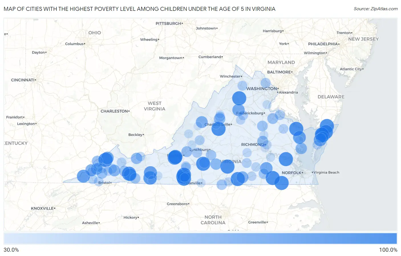 Cities with the Highest Poverty Level Among Children Under the Age of 5 in Virginia Map