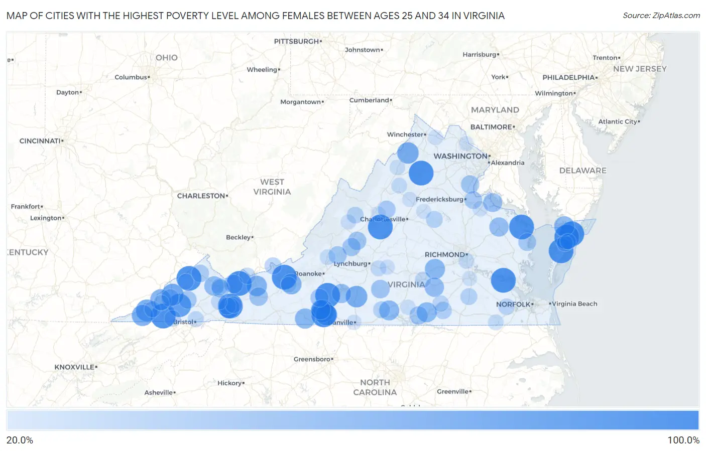 Cities with the Highest Poverty Level Among Females Between Ages 25 and 34 in Virginia Map