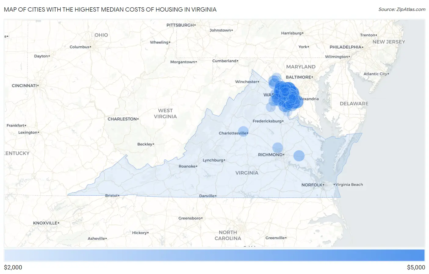 Cities with the Highest Median Costs of Housing in Virginia Map