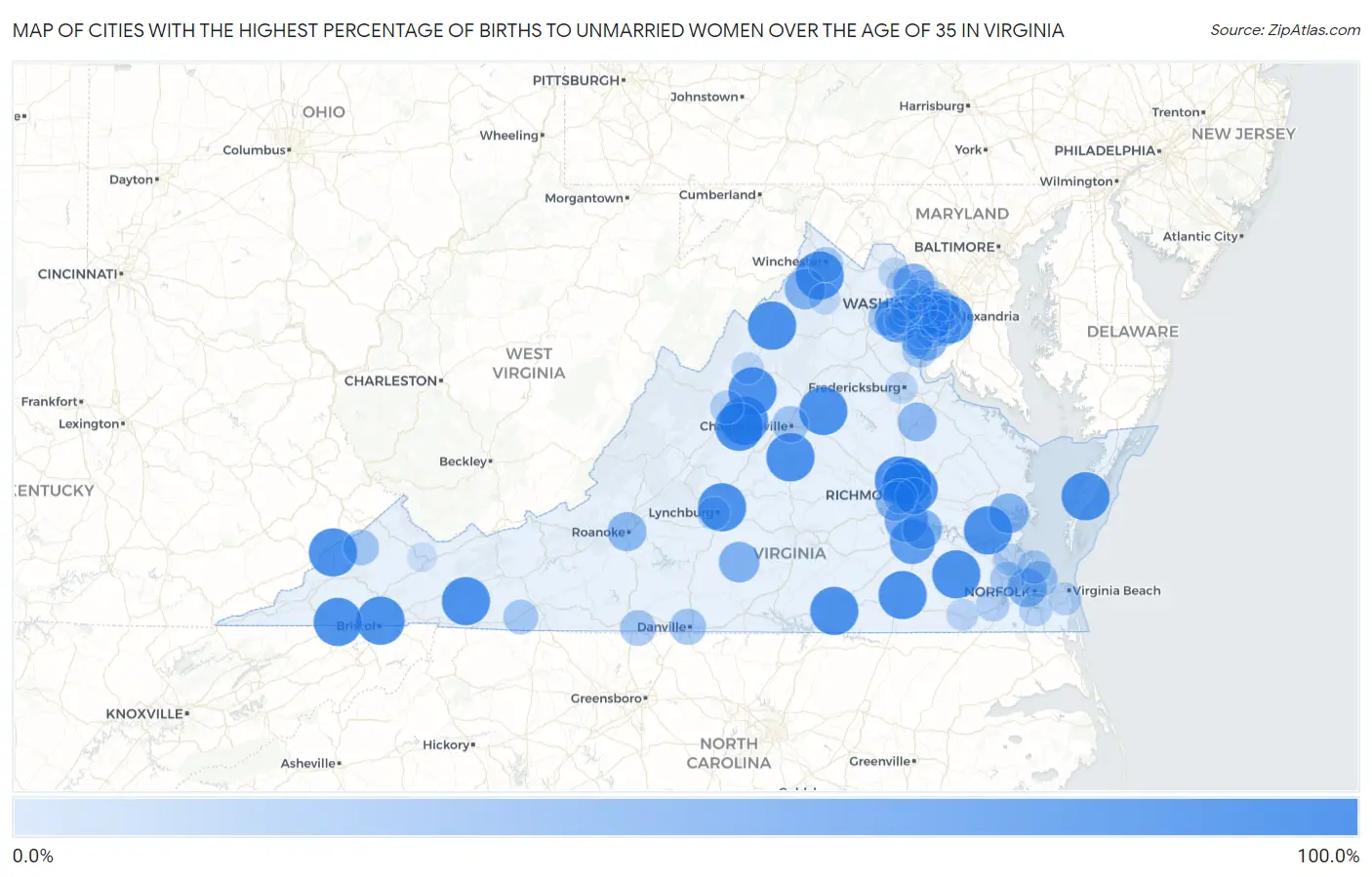 Cities with the Highest Percentage of Births to Unmarried Women over the Age of 35 in Virginia Map