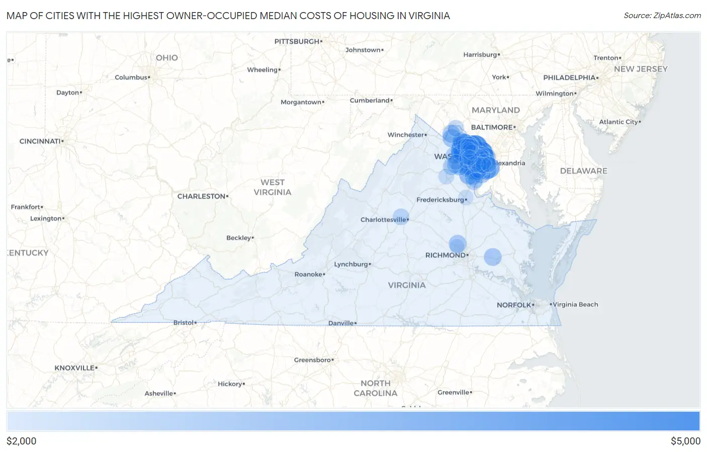 Cities with the Highest Owner-Occupied Median Costs of Housing in Virginia Map
