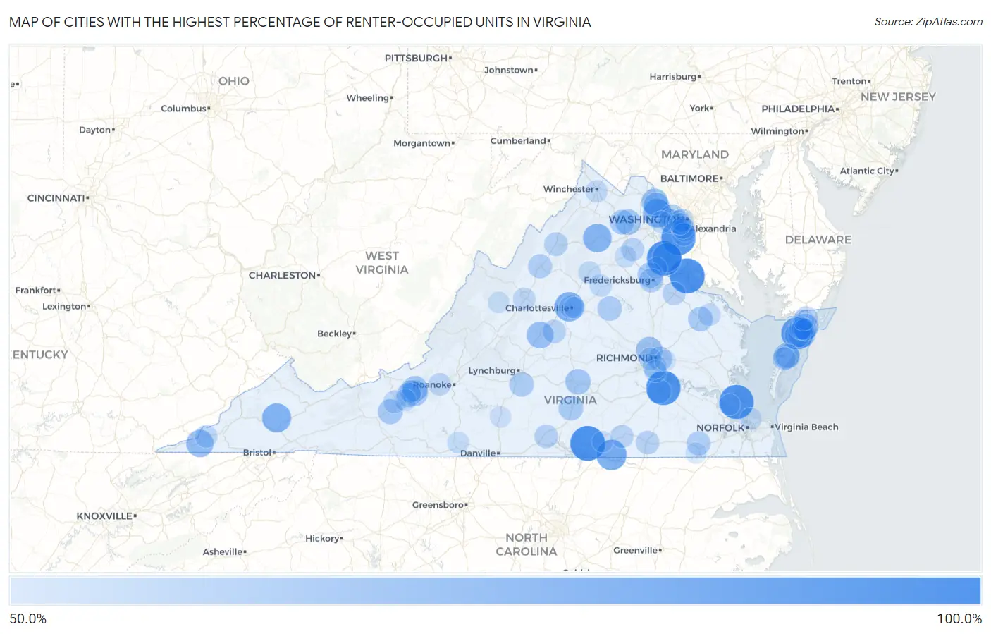 Cities with the Highest Percentage of Renter-Occupied Units in Virginia Map