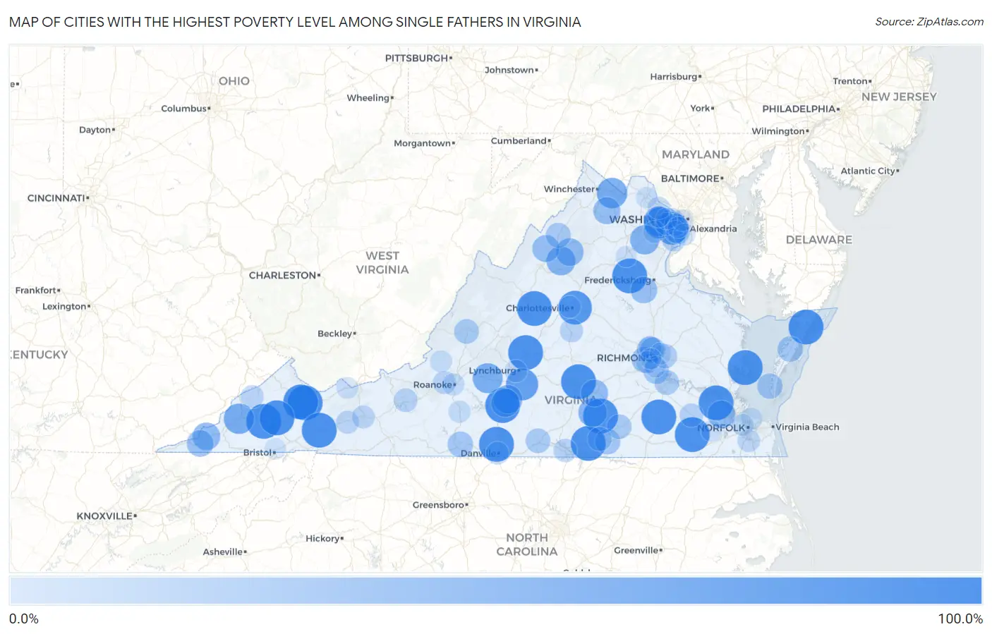 Cities with the Highest Poverty Level Among Single Fathers in Virginia Map
