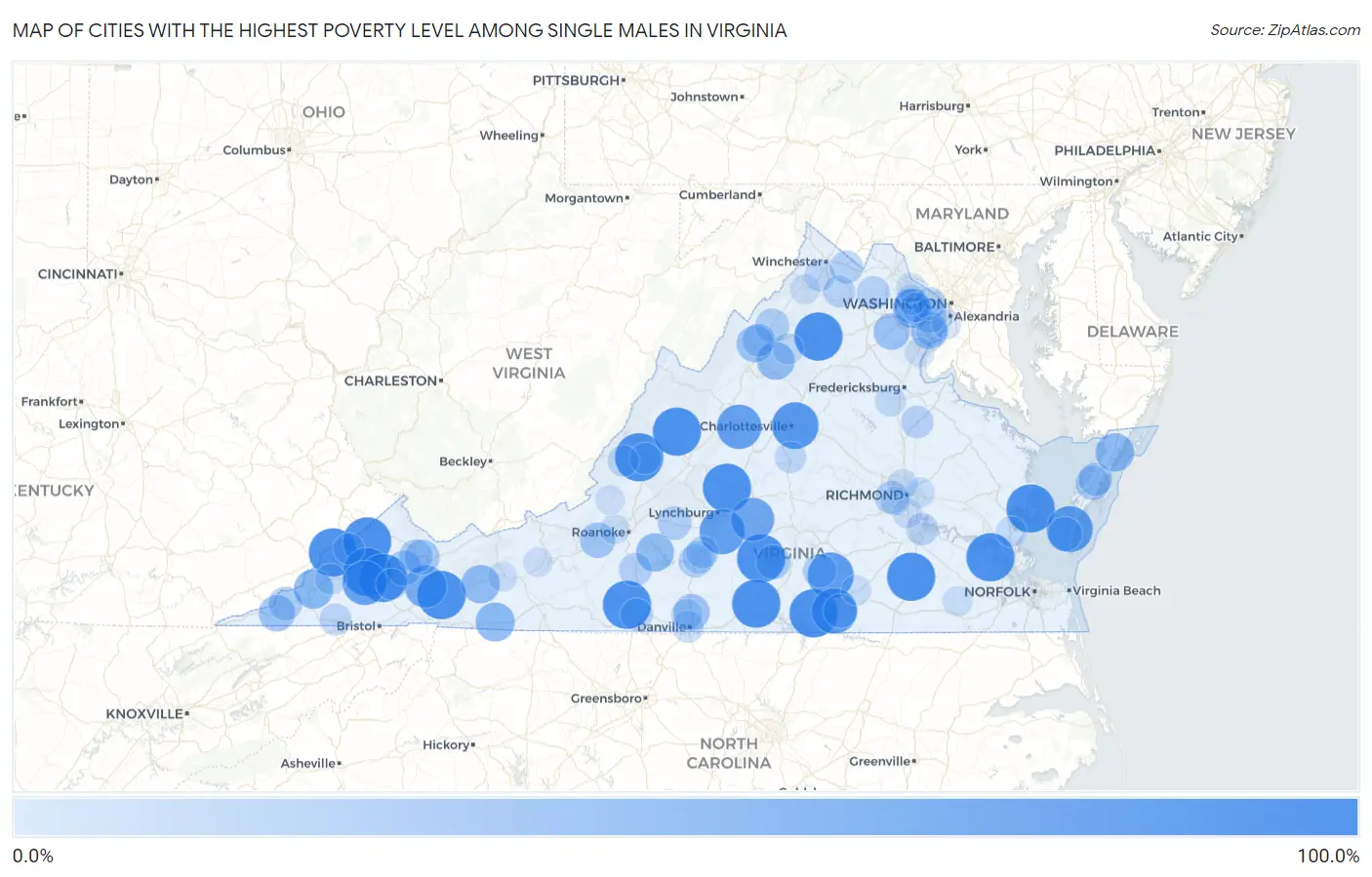 Cities with the Highest Poverty Level Among Single Males in Virginia Map