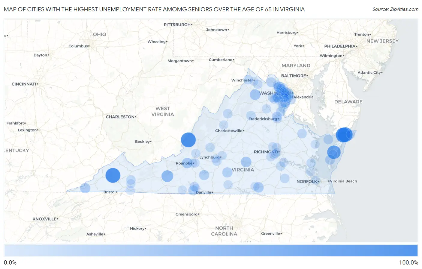 Cities with the Highest Unemployment Rate Amomg Seniors Over the Age of 65 in Virginia Map