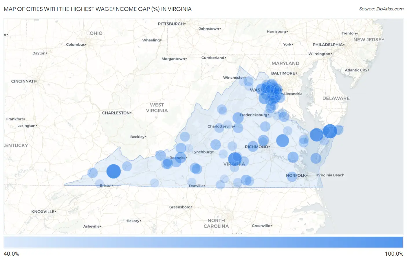 Cities with the Highest Wage/Income Gap (%) in Virginia Map