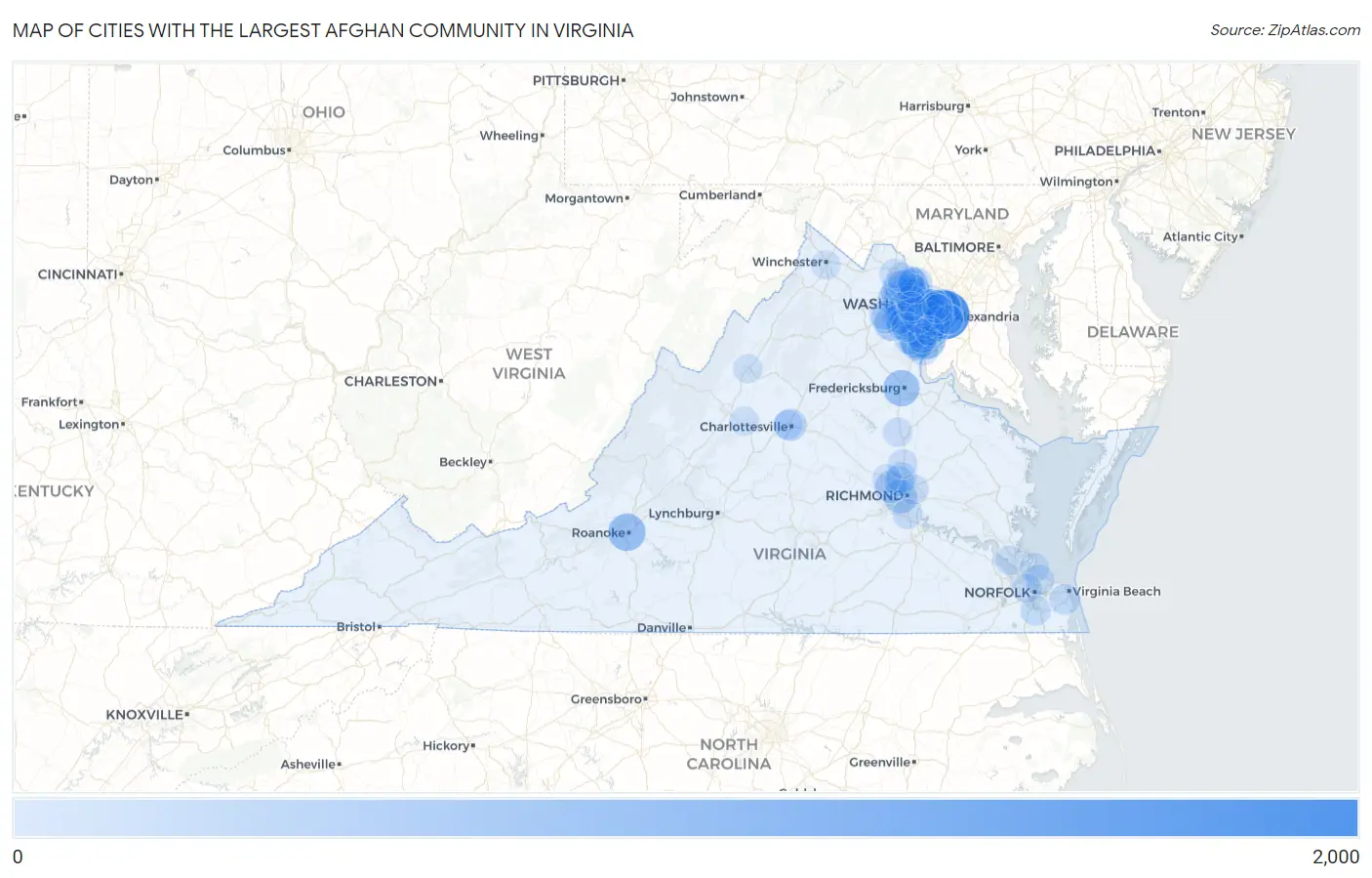Cities with the Largest Afghan Community in Virginia Map