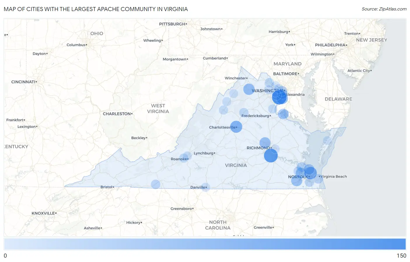 Cities with the Largest Apache Community in Virginia Map