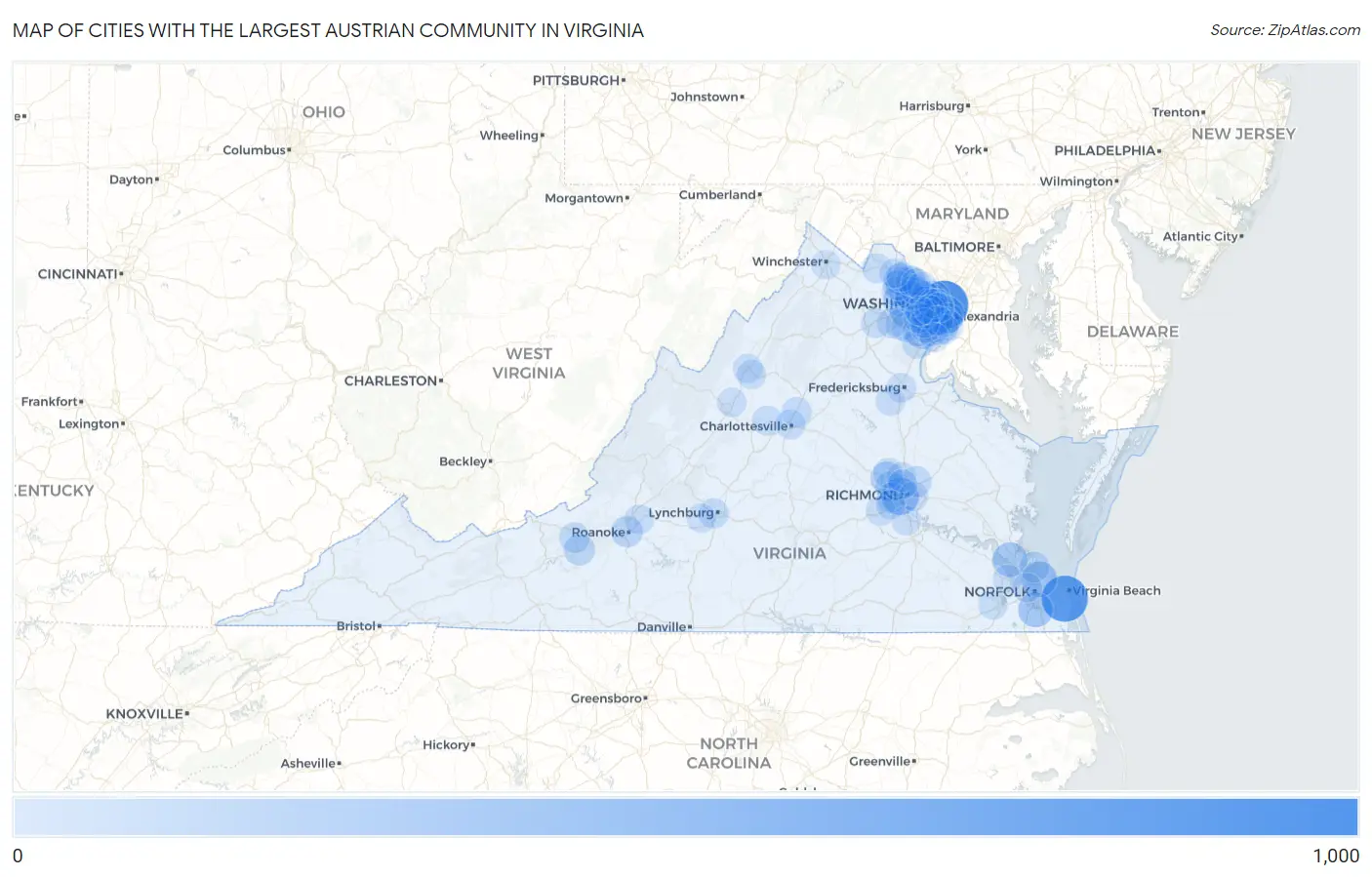 Cities with the Largest Austrian Community in Virginia Map