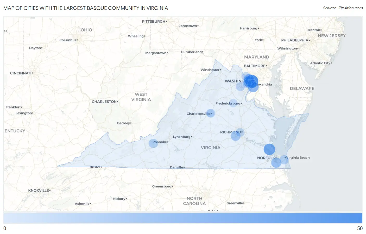 Cities with the Largest Basque Community in Virginia Map