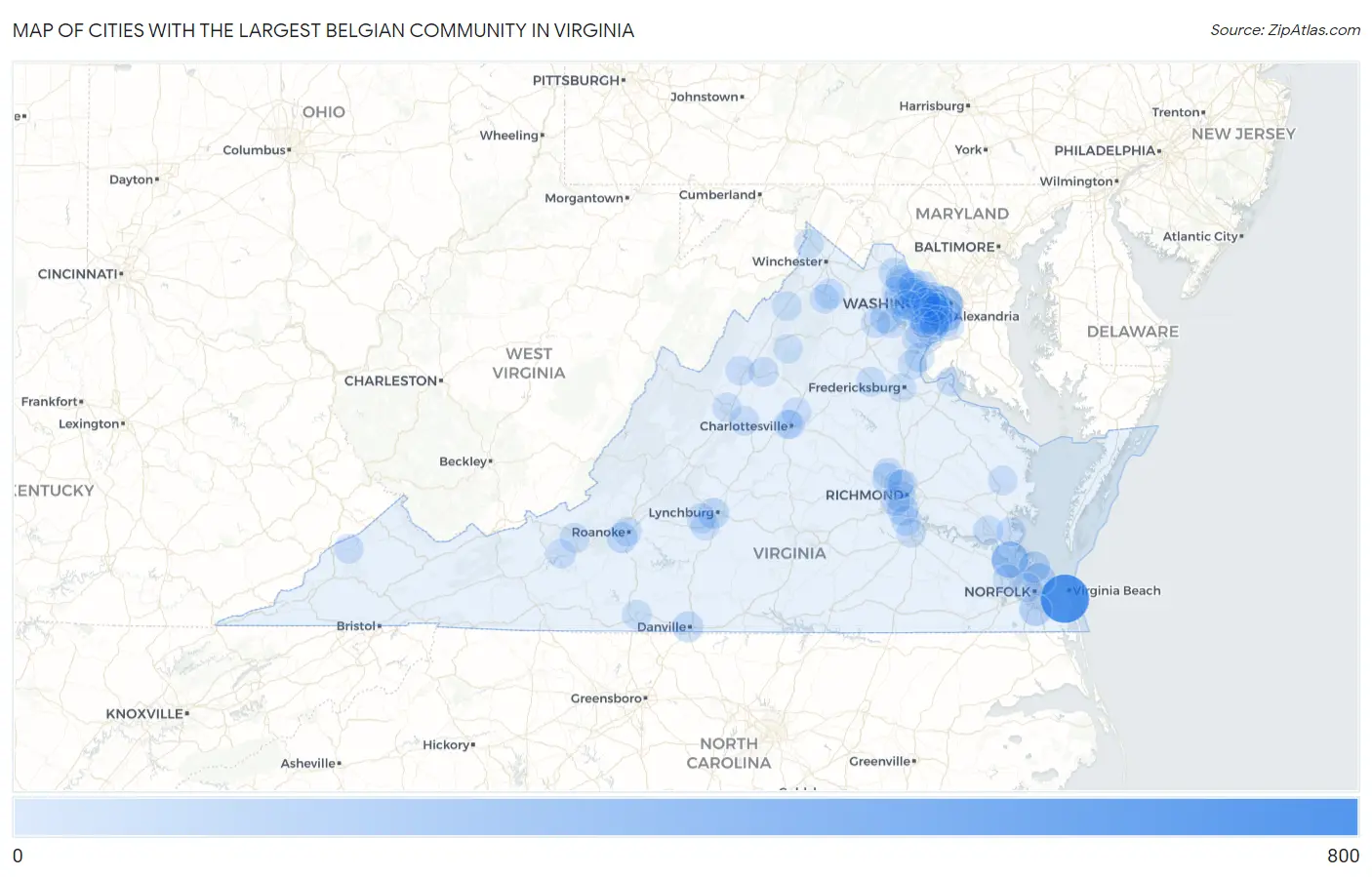 Cities with the Largest Belgian Community in Virginia Map