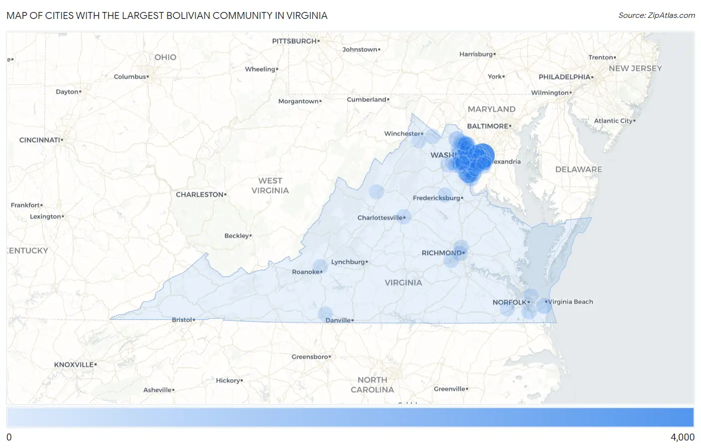 Cities with the Largest Bolivian Community in Virginia Map