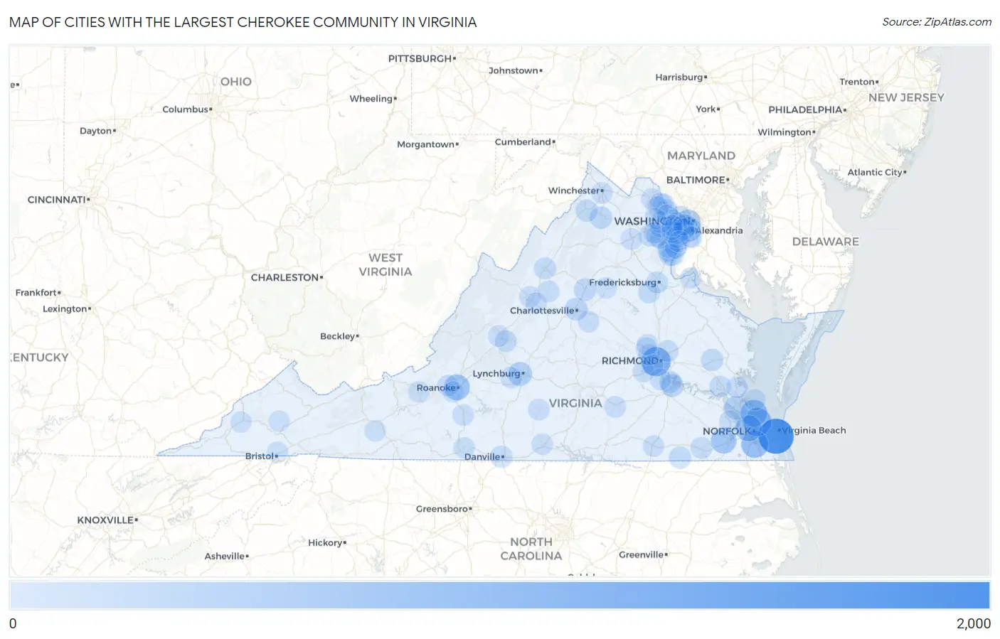 Cities with the Largest Cherokee Community in Virginia Map