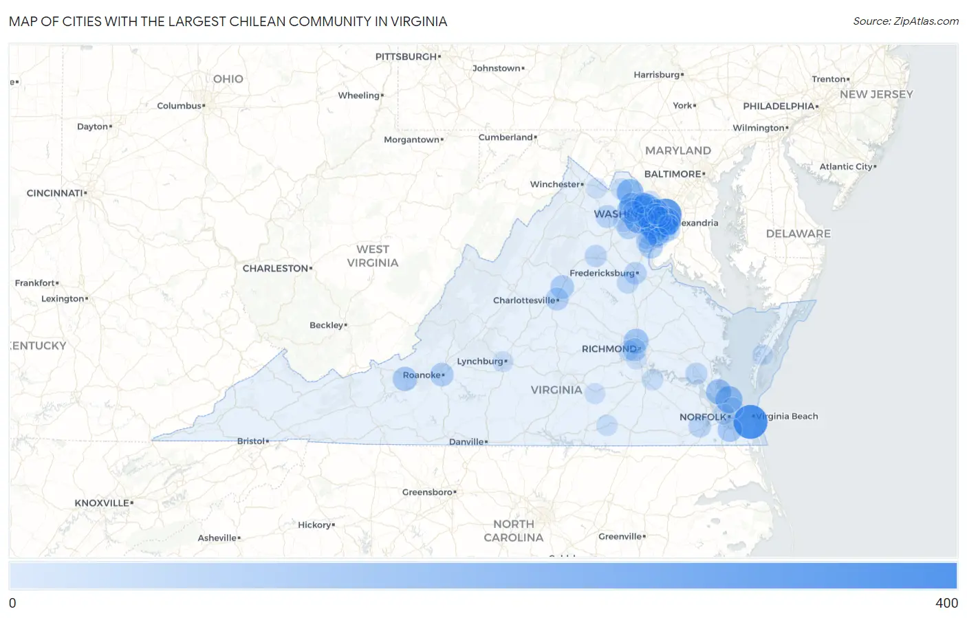Cities with the Largest Chilean Community in Virginia Map