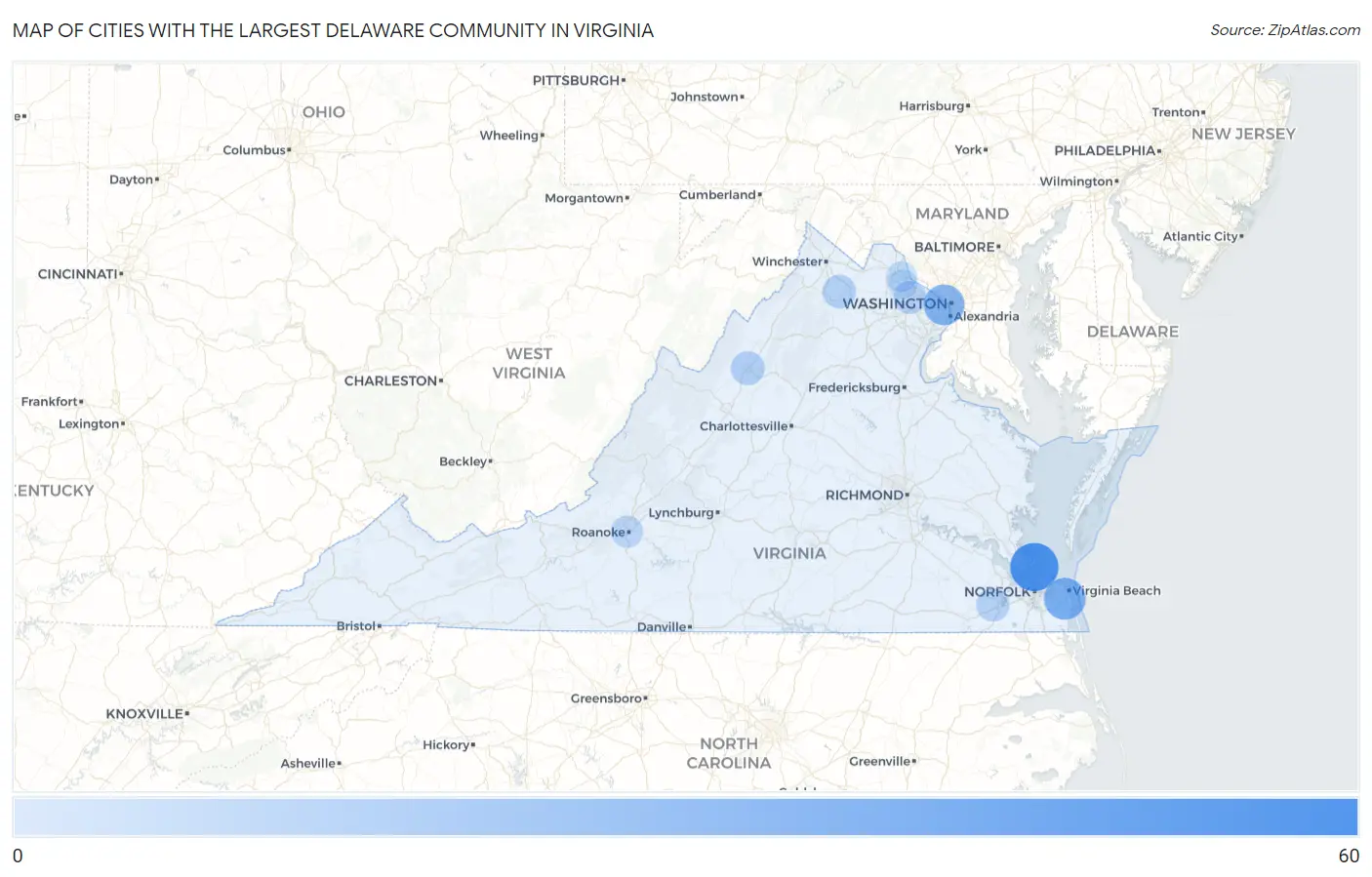 Cities with the Largest Delaware Community in Virginia Map