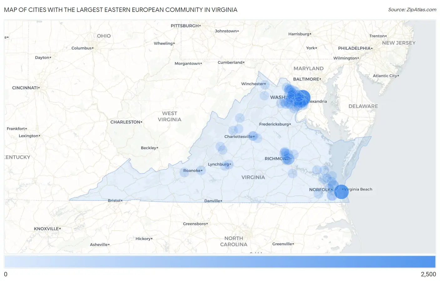 Cities with the Largest Eastern European Community in Virginia Map