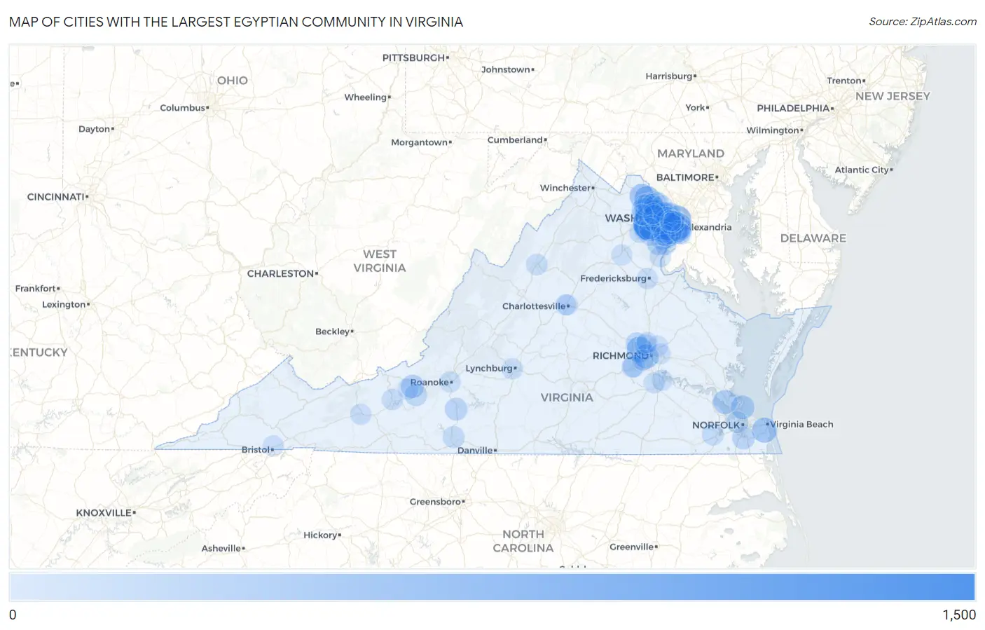 Cities with the Largest Egyptian Community in Virginia Map