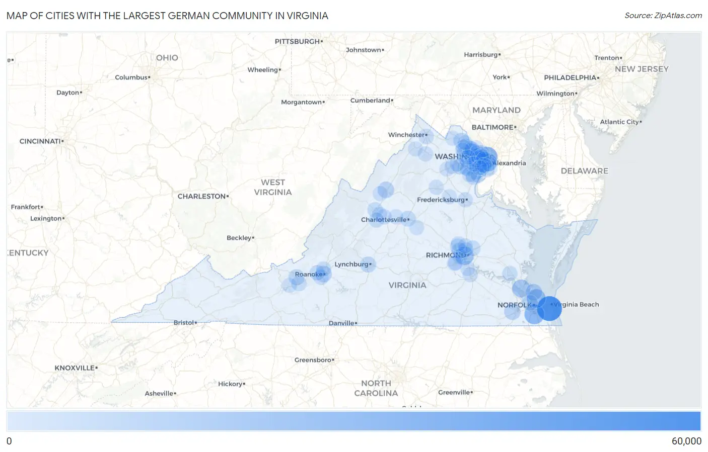 Cities with the Largest German Community in Virginia Map